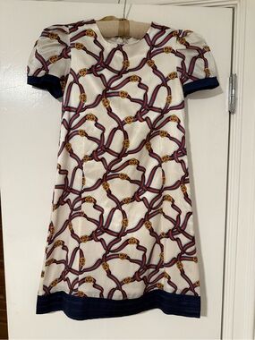 Gucci raw Silk 100% White Dress with Navy, Red & Gold Chain Print - Kids